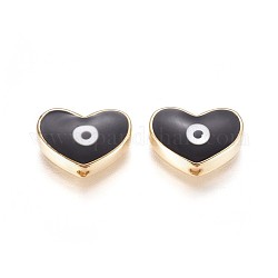 Golden Tone Brass Beads, with Enamel, Heart with Evil Eye, Black, 11x15x4.5mm, Hole: 1.6mm