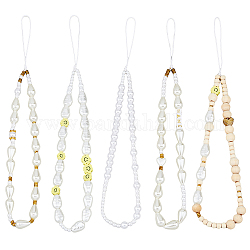 SUPERFINDINGS 1 Set ABS Plastic Imitation Pearl & Wood & Polymer Clay Beaded Mobile Straps, Nylon Cord Mobile Accessories Decoration, Round & Teardrop & Flower, Mixed Color, 26~26.5cm, 5 style, 1pc/style, 5pcs/set