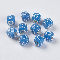 Handmade Lampwork European Beads, Large Hole Beads, with Silver Plated Brass Core, Cube, with Letter D, Cube, Dark Turquoise, about 11mm wide, 12mm long, hole: 5mm
