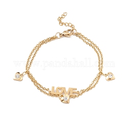 Bracelet à breloques cœur et mot d'amour en cristal strass avec 304 chaînes en acier inoxydable pour femme, or, 7-1/4 pouce (18.5 cm)