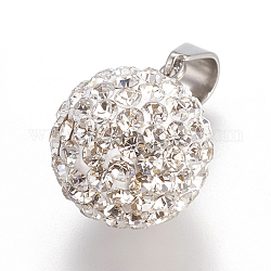 Accessoires de bijoux à la mode 201 acier inoxydable pendants ronds disque à billes, avec des strass en cristal d'argile de polymère, couleur inoxydable, 14mm, Trou: 6x4mm