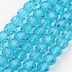 Chapelets de perles en verre transparent, imitation de cristal autrichien, facetté (32 facettes), ronde, bleu ciel, 8mm, Trou: 1mm, Environ 70~72 pcs/chapelet, 20~21 pouce