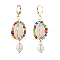 Créoles pendantes enveloppées de coquillages naturels et de perles, longues boucles d'oreilles ovales perlées pour femmes, or, colorées, 60mm, pin: 0.7x0.9 mm