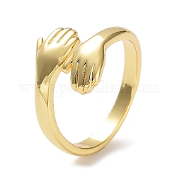 Manos abrazo estante chapado latón anillo de puño abierto, Plateado de larga duración, sin plomo y el cadmio, real 18k chapado en oro, nosotros tamaño 6 1/4 (16.7 mm)