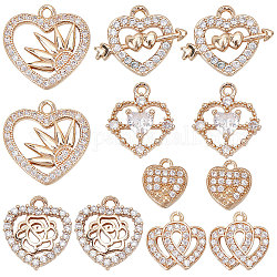 Sunnyclue 12 pièces 6 style saint valentin en laiton micro pave pendentifs en zircone cubique, cœur, clair, 10~17x9~19x2~3.5mm, Trou: 1~1.5mm, 2 pièces / style