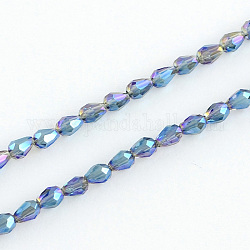 Electroplated Glass Bead Strands, Rainbow Plated, Faceted, teardrop, Royal Blue, 4~5x3~3.5mm, Hole: 1mm, about 100pcs/strand, 18.1 inch