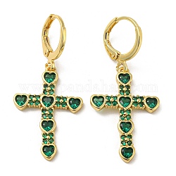 Orecchini pendenti a monachella pendenti in vero ottone placcato oro 18k con croce, con vetro, verde scuro, 39x17.5mm