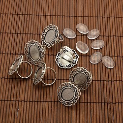 Cabochons di vetro trasparenti e fiori ferro componenti anello di barretta ovale impostazioni lunetta lega cabochon 13x18 mm per diy, argento antico, 17mm diametro interno , vassoio: 13x18mm