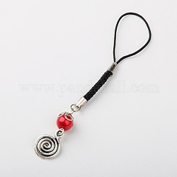 Glass Pearl Mobile Straps, with Tibetan Style Swirl Pendants and Nylon Cord, Crimson, 110~115mm