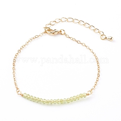 Bracelets de perles de péridot naturel pierre de naissance mai, avec des chaînes de câble en laiton, ronde à facettes, or, 7-1/4 pouce (18.5 cm)