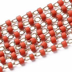 Handmade Glass Beaded Chains, Soldered, with Raw(Unplated) Nickel Free Brass Findings, with Spool, Orange Red, 1~2x0.9~1.5mm, about 32.8 Feet(10m)/roll