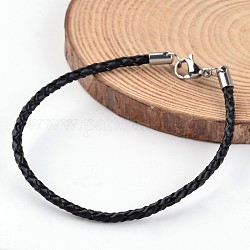 Плетеные браслеты шнур кожаный, с 304 фурнитурой из нержавеющей стали, чёрные, 195x3 мм