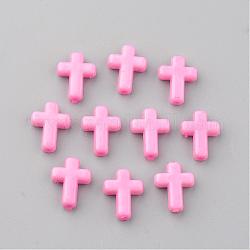 Abalorios acrílicos opacos, cruz, rosa, 16x12x4.5mm, aproximamente 1230 unidades / 500 g