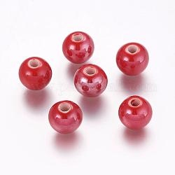 Pearlized roten handgefertigten Porzellan runden Perlen, 10 mm, Bohrung: 2~3 mm