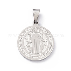 304 Stainless Steel Pendants, Flat Round with Cssml Ndsmd Cross God Father Religious Christianity, Stainless Steel Color, 23x20x2mm, Hole: 7x3.5mm