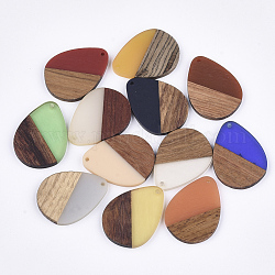 Pendentifs en bois de résine et de noyer, larme, couleur mixte, 36x26.5x3~4mm, Trou: 2mm