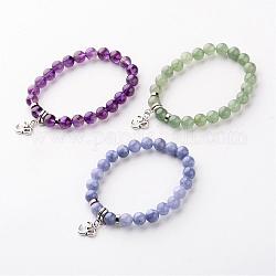 Alloy Om Symbol Charm Bracelets, with Natural Gemstone Round Bead, Antique Silver, 56mm, about 22pcs/strand
