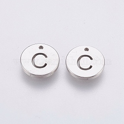 304 charms in acciaio inox, piatta e rotonda con la lettera, colore acciaio inossidabile, letter.c, 10x1mm, Foro: 1 mm