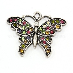 In lega di farfalla pendenti strass, grado a, colore misto, 28x34x3mm, Foro: 3 mm
