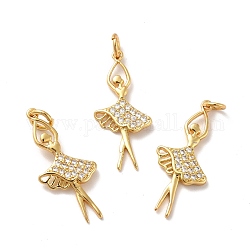 Rack Plating Brass Micro Pave Cubic Zirconia Pendants, with Jump Rings, Long-Lasting Plated, Ballet Dancer, Clear, Golden, 26x11.5x2mm, Hole: 3mm