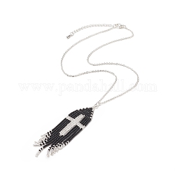 Colliers pendentifs en forme de croix en perles de verre, 304 collier gourmette en acier inoxydable avec fermoir mousqueton et rallonges de chaîne pour femme, couleur d'argent, 16~17-3/4 pouce (40.5~45.2 cm)
