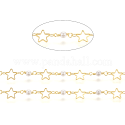 3.28 Feet Brass Handmade Beaded Chain, with Round Glass Beads, Long-Lasting Plated, Soldered, Star, Real 18K Gold Plated, Link: 4x2x0.3mm, Star: 8x8x1mm, Round: 13x4mm