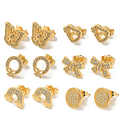 Женские серьги-гвоздики из латуни с микропаве из светлого золота и циркония, разнообразные, 9~13x11~14 мм