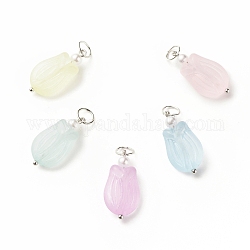 Flower Transparent Acrylic Pendants, Frosted, with ABS Plastic Imitation Pearl and Iron Findings, Mixed Color, 22.5x11.5x7mm, Hole: 5mm