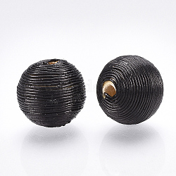 Perles de bois recouvertes de fil de cordon polyester, ronde, noir, 16~17x15.5~16mm, Trou: 3~4mm