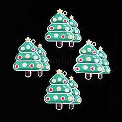 Spruzzare pendenti in ottone verniciato, con stampato, albero di Natale, verde mare, 31x27x0.4mm, Foro: 1.8 mm