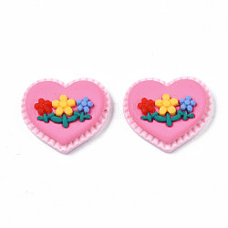 Opaque Resin Cabochons, Heart with Flower, Flamingo, 23x26x8mm