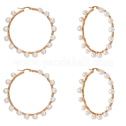 Unicraftale 304 Stainless Steel Hoop Earrings, with Natural Pearls, Ring Shape, Golden, 62.5x63x5.5~6mm, Pin: 0.7x1mm, 2pairs/box