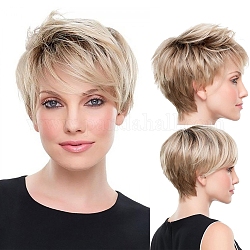 Short Synthetic Wigs, Dark Root Wigs, with Bangs, Heat Resistant High Temperature Fiber, For Woman, Pale Goldenrod, 11.02 inch(28cm)