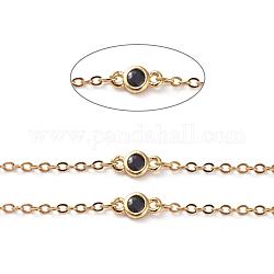 Brass Cable Chains, Soldered, Flat Oval, with Black Glass Rhinestone and Spool, Long-Lasting Plated, Real 18K Gold Plated, 4x8x2mm, about 16.4 Feet(5m)/roll