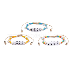 Set di braccialetti di perline intrecciati a cubo acrilico con parole d'amore, bracciali regolabili con perline di vetro a fiore, colore misto, diametro interno: 2~3-7/8 pollice (5~9.9 cm), 3 pc / set