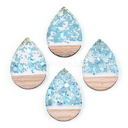 Transparent Resin & White Wood Pendants, Teardrop Charms with Paillettes, Light Sky Blue, 36.5x24.5x3mm, Hole: 2mm