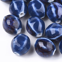 Manuell Porzellan Perlen, Phantasie antiken glasiertem Porzellan, Oval, Blau, 15.5~16x14.5~15x13~13.5 mm, Bohrung: 2 mm