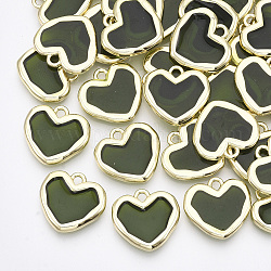 Pendentifs en résine époxy, avec les accessoires en alliage, cœur, or clair, vert olive, 16x17x2.5mm, Trou: 1.8mm