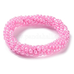 Braccialetto elastico intrecciato con perline di vetro all'uncinetto, braccialetto stile boho nepel, rosa caldo, diametro interno: 1-3/4 pollice (4.5 cm)