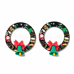 Weihnachtsthema bedruckte undurchsichtige Acrylanhänger, mit Harz Cabochons, Runder Ring mit Weihnachtsglocke, Schwarz, 41.5x38x9 mm, Bohrung: 1.8 mm