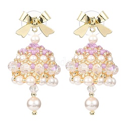 Campana di perle di conchiglia naturla con orecchini pendenti con fiocco in lega, orecchini natalizi con 925 spilla in argento sterling, roso, 42x22mm