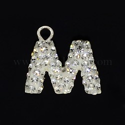 Glittering Polymer Clay with Austrian Crystal Charms Pendants, with 925 Sterling Silver Findings, Letter.M, 12x13x3mm, Hole: 1.5mm