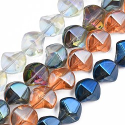 Electroplate transparentes abalorios de vidrio hebras, medio chapado,  torcedura, color mezclado, 13x13.5x9mm, agujero: 1.2 mm, aproximamente 45 pcs / cadena, 23.23 pulgada (59 cm)