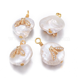Pendentifs de perles d'eau douce de culture naturelle, avec accessoires zircon cubique micro pave en laiton, pépites avec insecte, or, clair, 17~26x11~16x5~11mm, Trou: 1.6~2mm