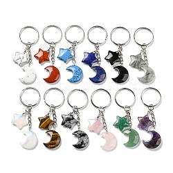 Reiki Natural & Synthetic Mixed Gemstone Moon & Star Pendant Keychains, with Iron Keychain Rings, 7.8cm
