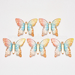 Transparent Acrylic Pendants, with Electroplate Bottom, Butterfly, Colorful, 34x39x5.5mm, Hole: 1.2mm