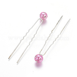 (vente de clôture défectueuse), fourchettes pour cheveux de dame, avec des accessoires en fer plaqué argent, acrylique imitation perle et cristal strass, ronde, rose chaud, 75mm