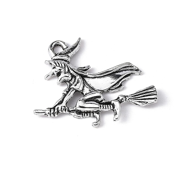 Tibetan Style Halloween Witch Alloy Pendants, Cadmium Free & Nickel Free & Lead Free, Antique Silver, 29.5x37x3.5mm, Hole: 3mm, about 300pcs/1000g