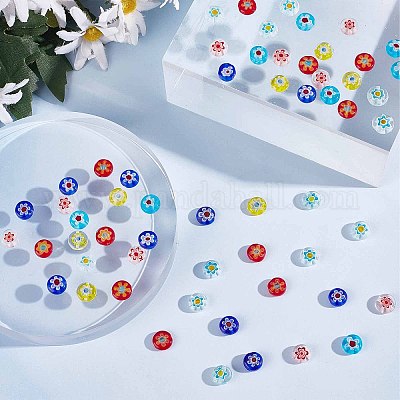 SUNNYCLUE 1 Box Flower Glass Beads Lampwork Handmade Millefiori Beads Flat  Round Flower Loose Spacer Bead for Jewelry Making Beading Supplies Beaded