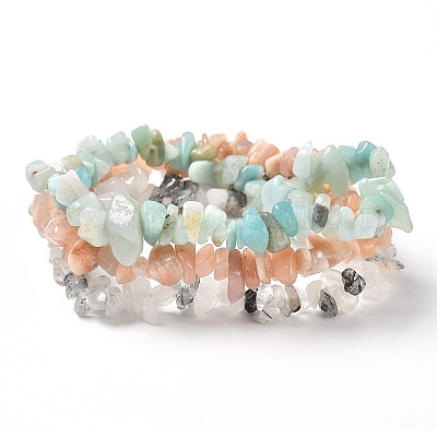 Set di bracciali elasticizzati con perline di quarzo rutilato naturale e fiori di amazzonite e pietra solare&nbsp;BJEW-JB05332-06-1